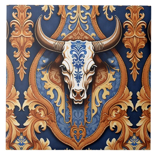 Cow Head Western Tooled Leather Damask Ceramic Tile (Front)
