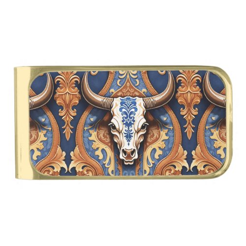 Cow Head Western Tooled Leather Damask Gold Finish Money Clip