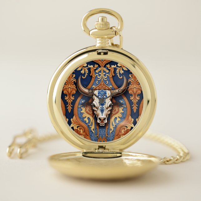Cow Head Western Tooled Leather Damask Pocket Watch (Inside)