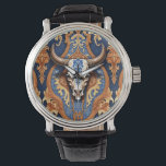 Cow Head Western Tooled Leather Damask Watch<br><div class="desc">Cow Head Tooled Leather Damask design decorative western style watch in tan, brown and denim blue colors. A rustic old wild west inspired artwork perfect for anyone who loves the country western ranch lifestyle. Perfect for any cowboy!</div>