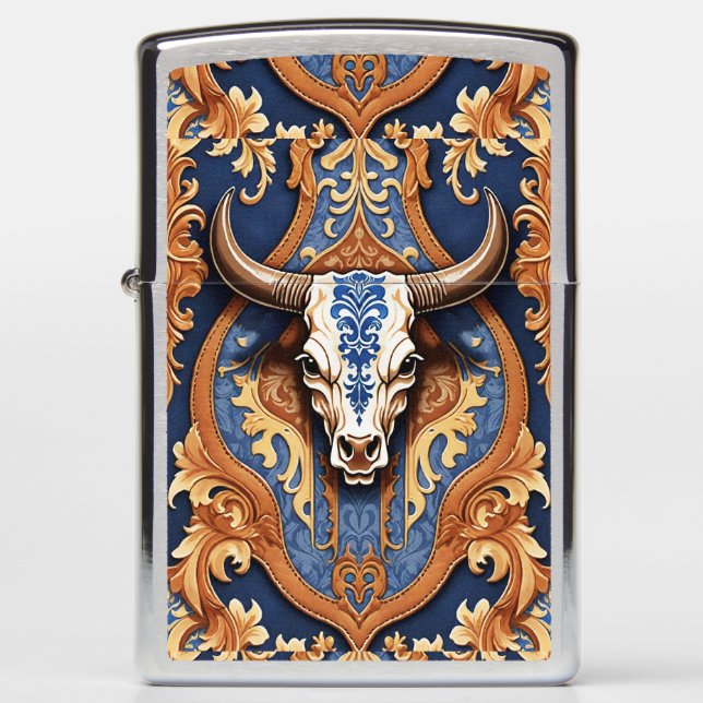 Cow Head Western Tooled Leather Damask Zippo Lighter (Front)