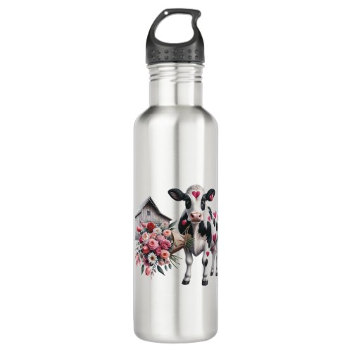 Cow Heart Patches Valentines Day Farm Love Stainless Steel Water Bottle