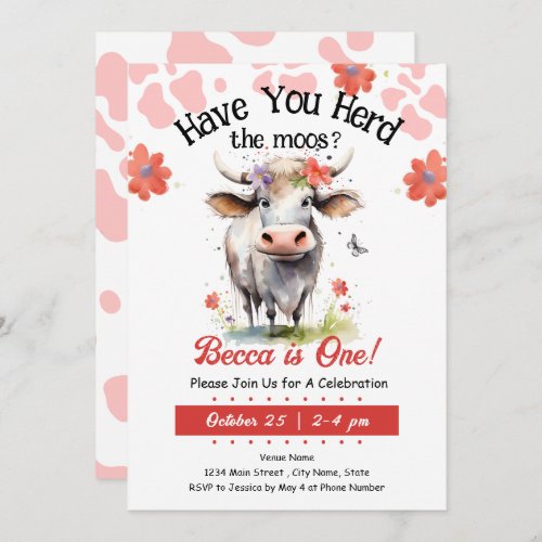 Cow Herd moos 1st Birthday Girl Invitation