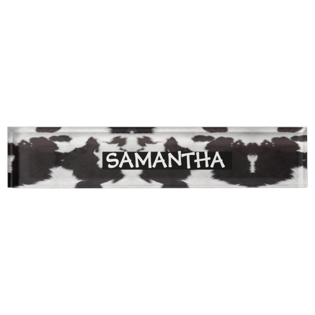 cow hide black white desk name plate (Front)