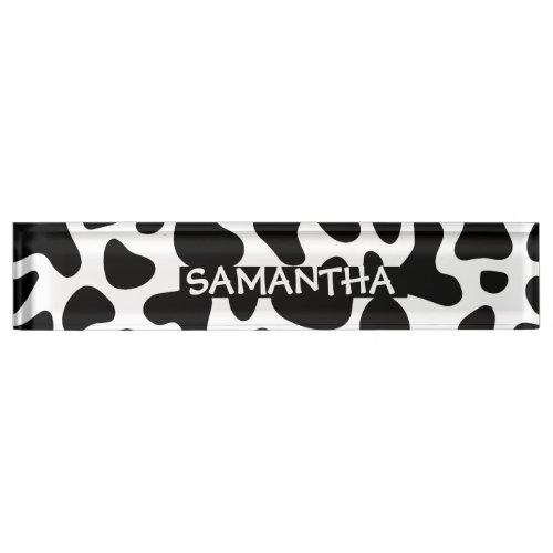 cow hide black white patch desk name plate