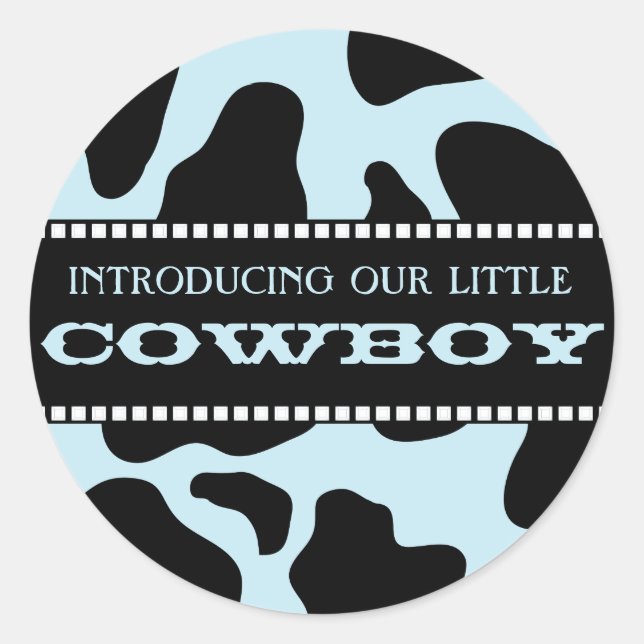 Cow Hide Print Blue Cowboy Baby Shower Sticker (Front)