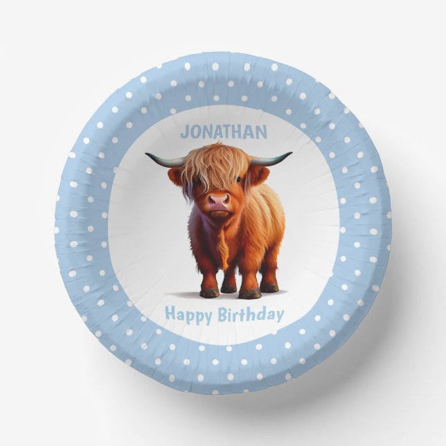 Cow Highland Blue Birthday Paper Bowls (Front)