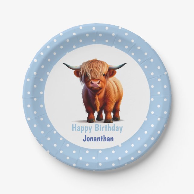 Cow Highland Blue Birthday Paper Plates (Front)