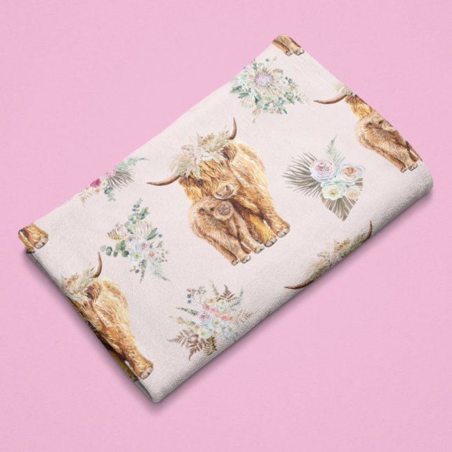 Cow Highland Calf Baby Watercolor Pink Girl Baby Blanket (Creator Uploaded)