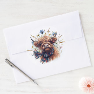 Cow Highland Farm Watercolor Classic Round Sticker