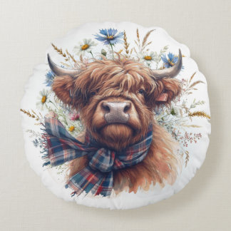 Cow Highland Farm Watercolor Round Pillow