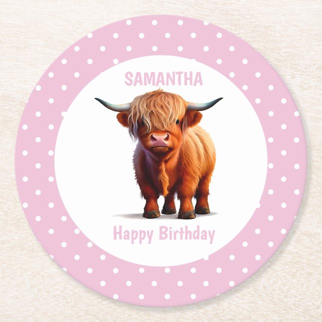 Cow highland PINK Round Paper Coaster (Front)