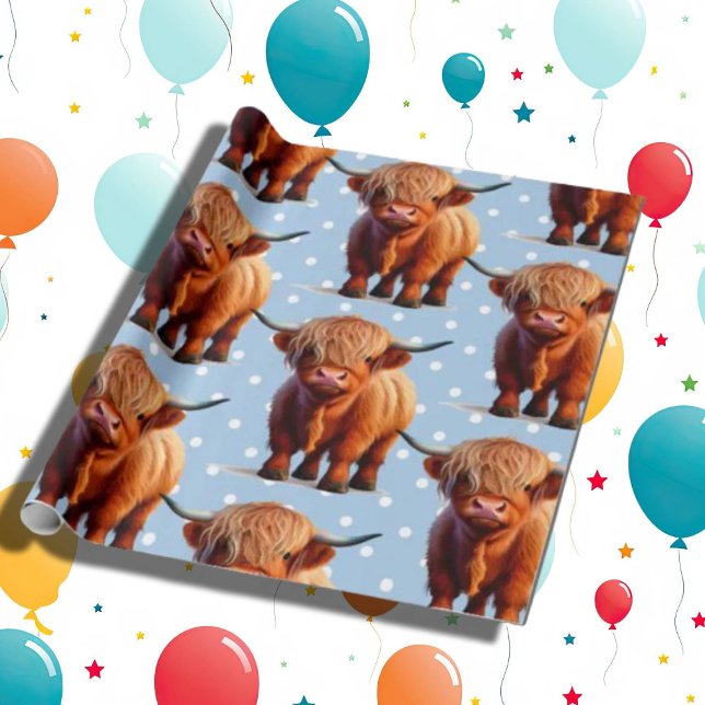 Cow highlander Blue Wrapping Paper (Birthday Paper )