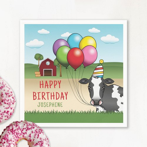 Cow Holding Colorful Balloons Kids Birthday Napkins