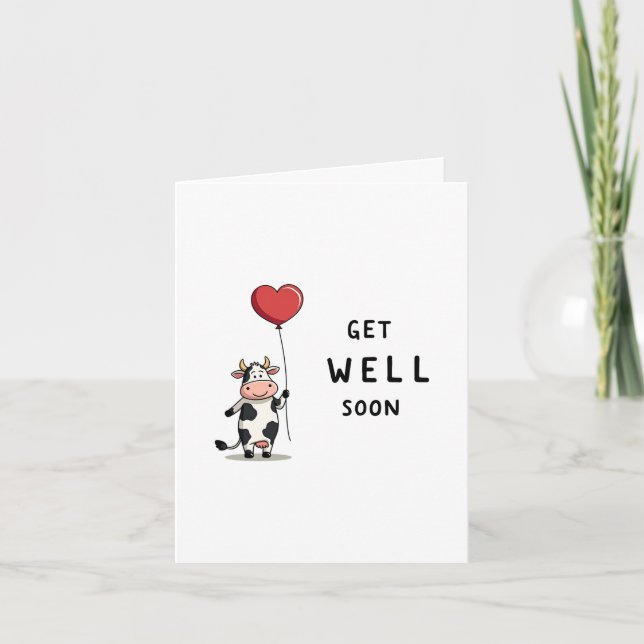 Cow Holding Heart Balloon Get Well Card (Front)
