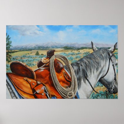 Cow horse, saddle, cowboy, mountain landscape poster