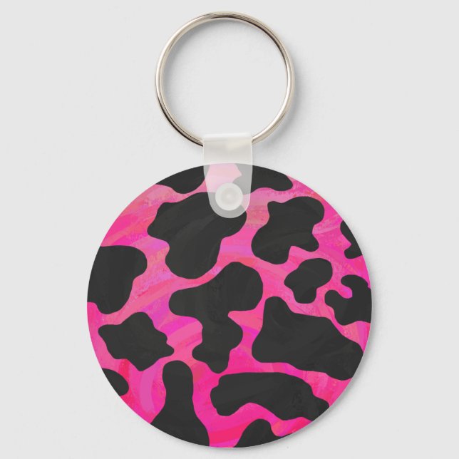 Cow Hot Pink and Black Print Keychain (Front)