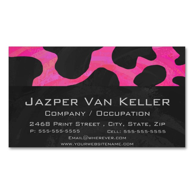 Cow Hot Pink and Black Print Magnetic Business Card (Front)