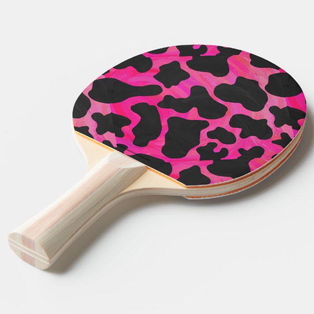 Cow Hot Pink and Black Print Ping-Pong Paddle (Front Angle)