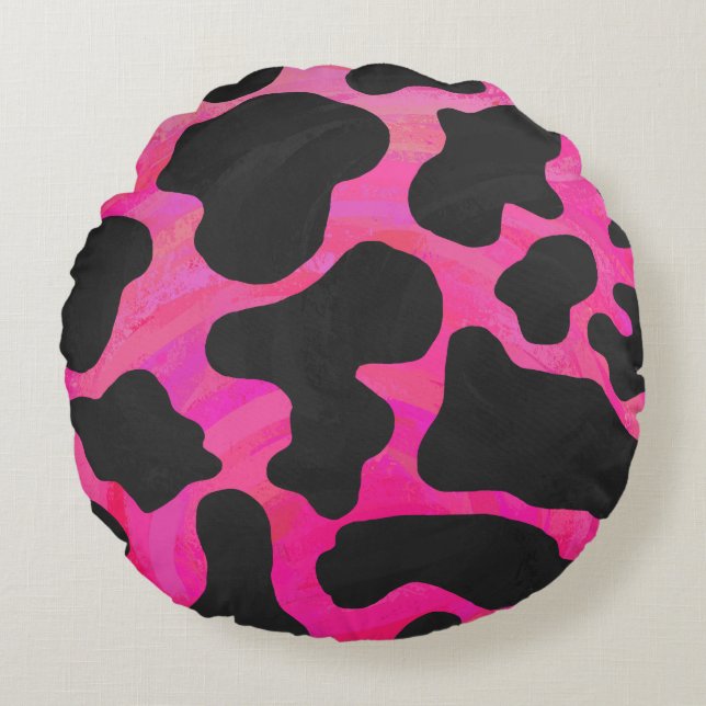 Cow Hot Pink and Black Print Round Pillow (Front)