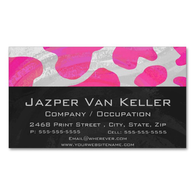 Cow Hot Pink and White Print Business Card Magnet (Front)