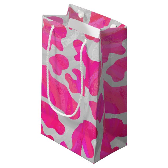 Cow Hot Pink and White Print Small Gift Bag (Front Angled)