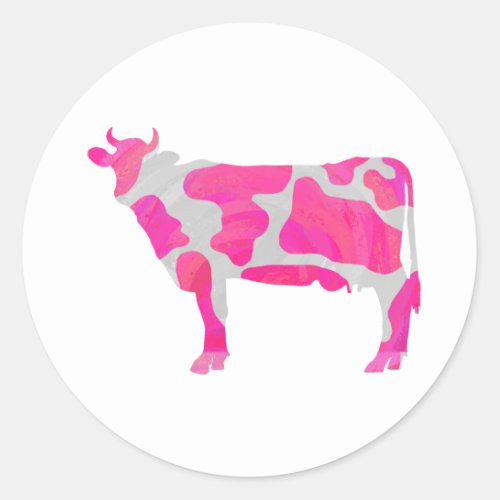 Cow Hot Pink and White Silhouette Classic Round Sticker