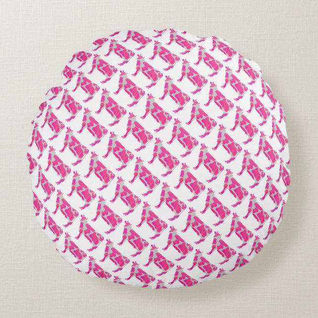 Cow Hot Pink and White Silhouette Round Pillow (Front)