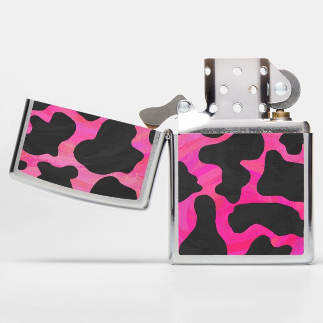Cow Hot Pink Painted Pattern Zippo Lighter (Opened)