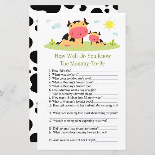 Cow How well do you know baby shower game