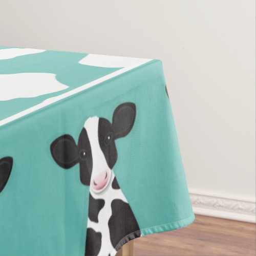 Cow Illustration Teal Reverse Print Farm Animal Tablecloth