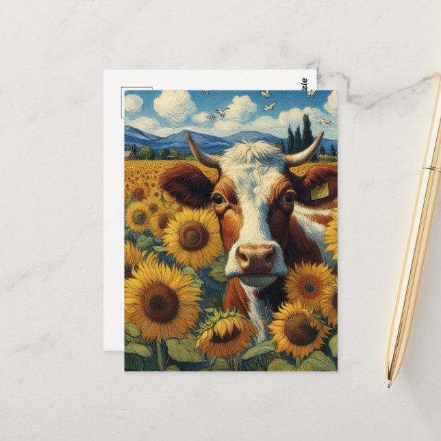 Cow in a Sunflower Field Postcard (Front/Back In Situ)