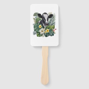 Cow in Floral Jungle Png, Tropical Cow Hand Fan