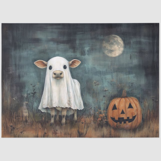 Cow in Ghost Costume with Pumpkin and Full Moon Tissue Paper (Front)