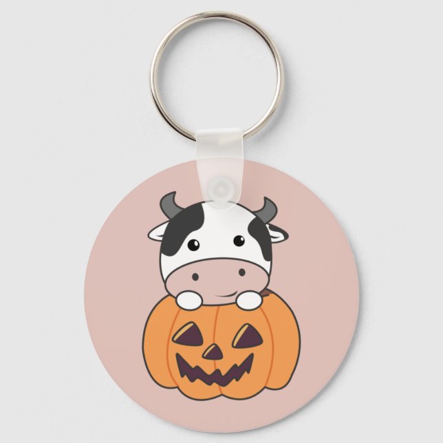 Cow In Pumpkin Cute Cows Happy Halloween Keychain (Front)
