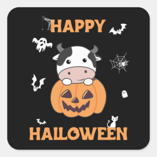 Cow In Pumpkin Cute Cows Happy Halloween Square St Square Sticker