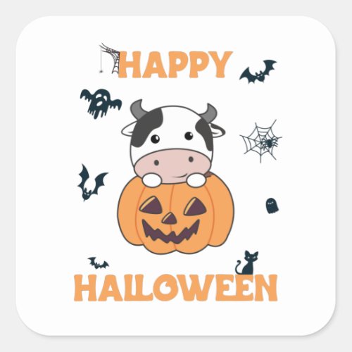 Cow In Pumpkin Cute Cows Happy Halloween Square Sticker