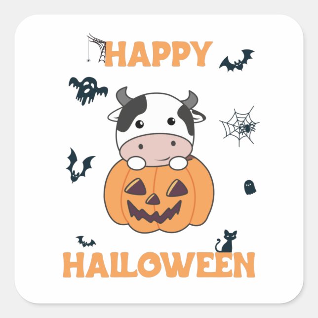 Cow In Pumpkin Cute Cows Happy Halloween Square Sticker (Front)