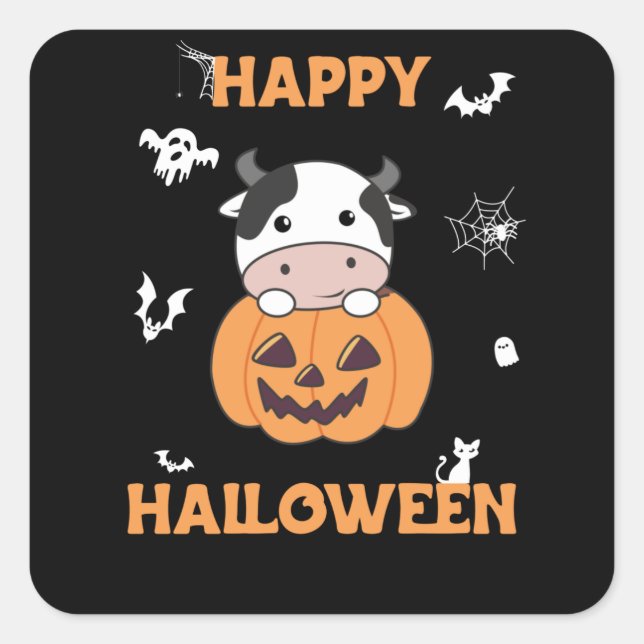 Cow In Pumpkin Cute Cows Happy Halloween Square Sticker (Front)