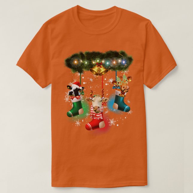 Cow In Socks Funny Cow Reindeer Hat Santa Christma T-Shirt (Design Front)