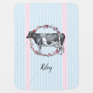 Cow in Wreath of Roses and Stripes Baby Blanket