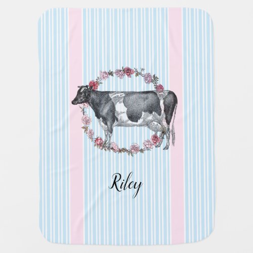 Cow in Wreath of Roses and Stripes Baby Blanket