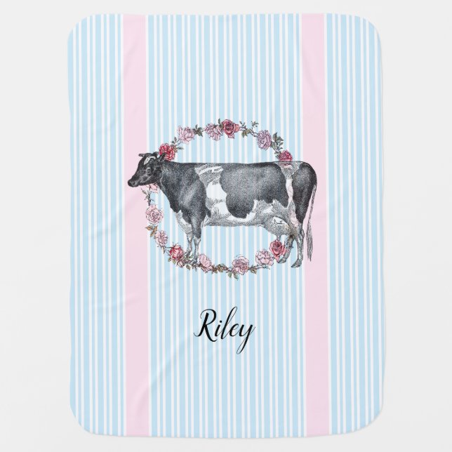 Cow in Wreath of Roses and Stripes Baby Blanket (Front)