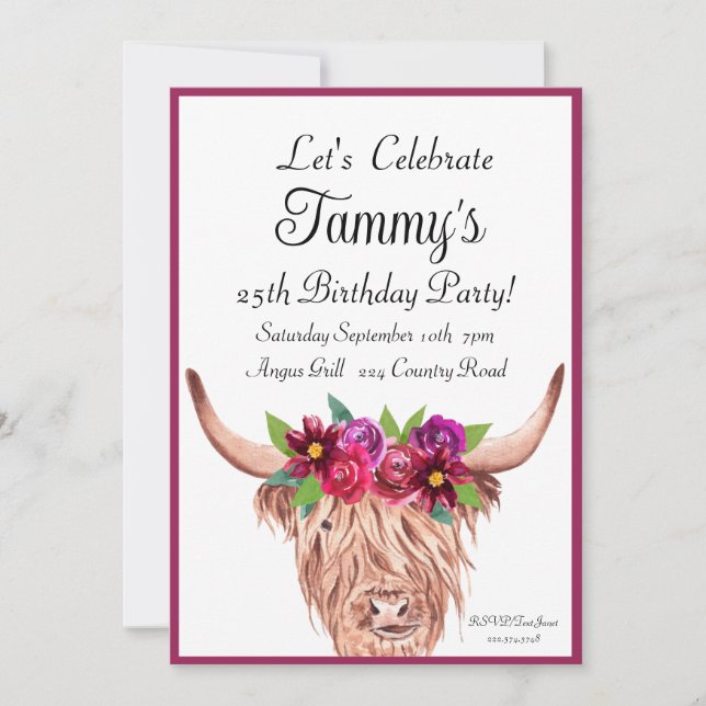 Cow Invitation, Longhorn Cow Floral Birthday Invitation (Front)