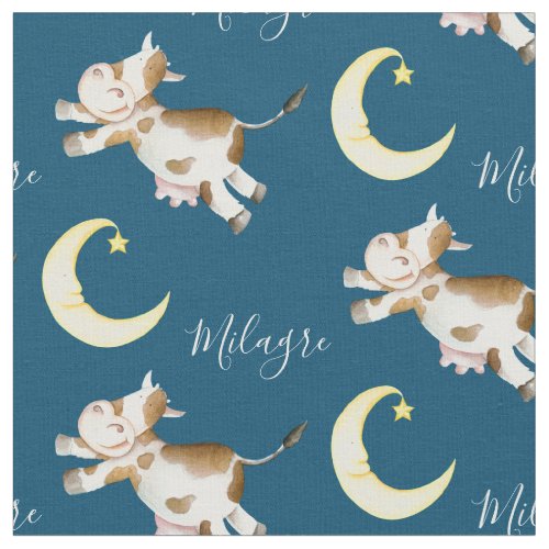 Cow jumping moon watercolor art custom name fabric