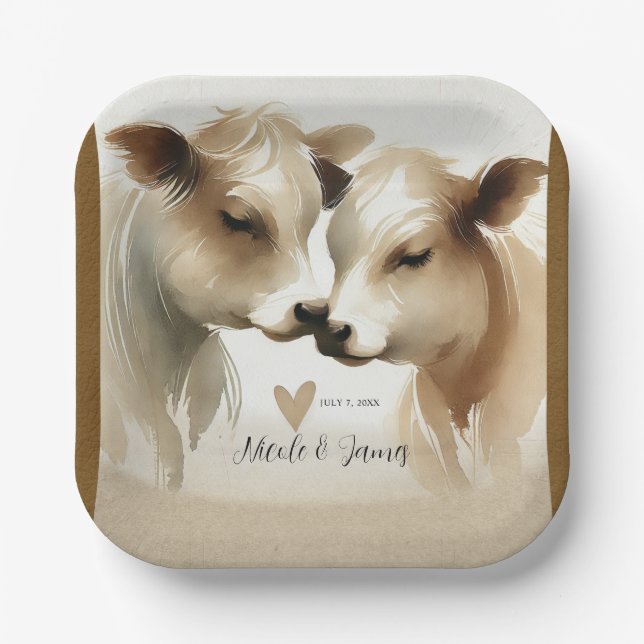 Cow Love Brown Cream Country Wedding Paper Plates (Front)
