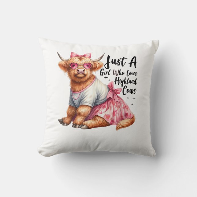 Cow Lover Just A Girl Who Loves Highland Cows Farm Throw Pillow (Front)