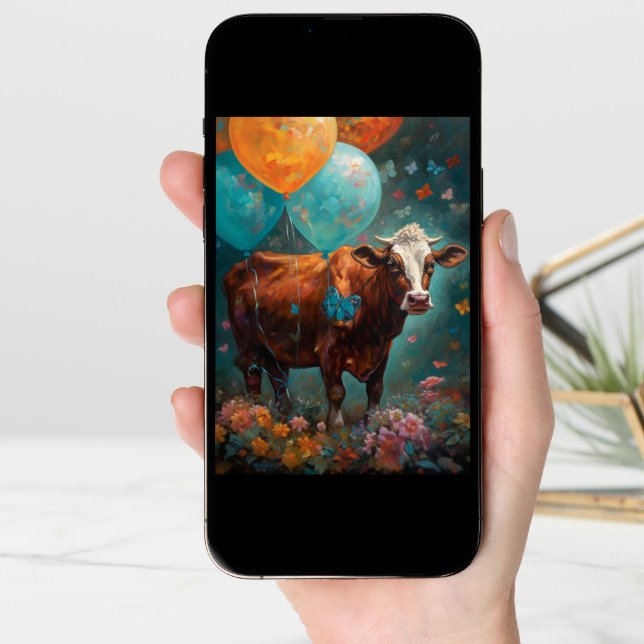 Cow Lover Painting Birthday Balloons Card (Front Digital)