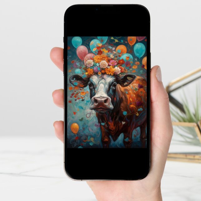 Cow Lover Painting Birthday Balloons Card (Front Digital)