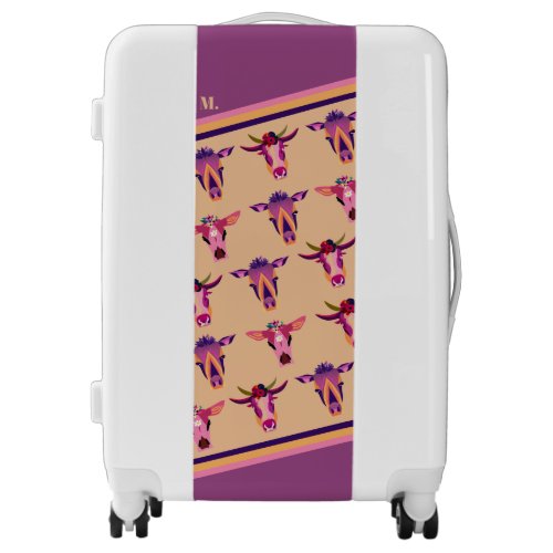 Cow luggage head pattern beige purple monogram